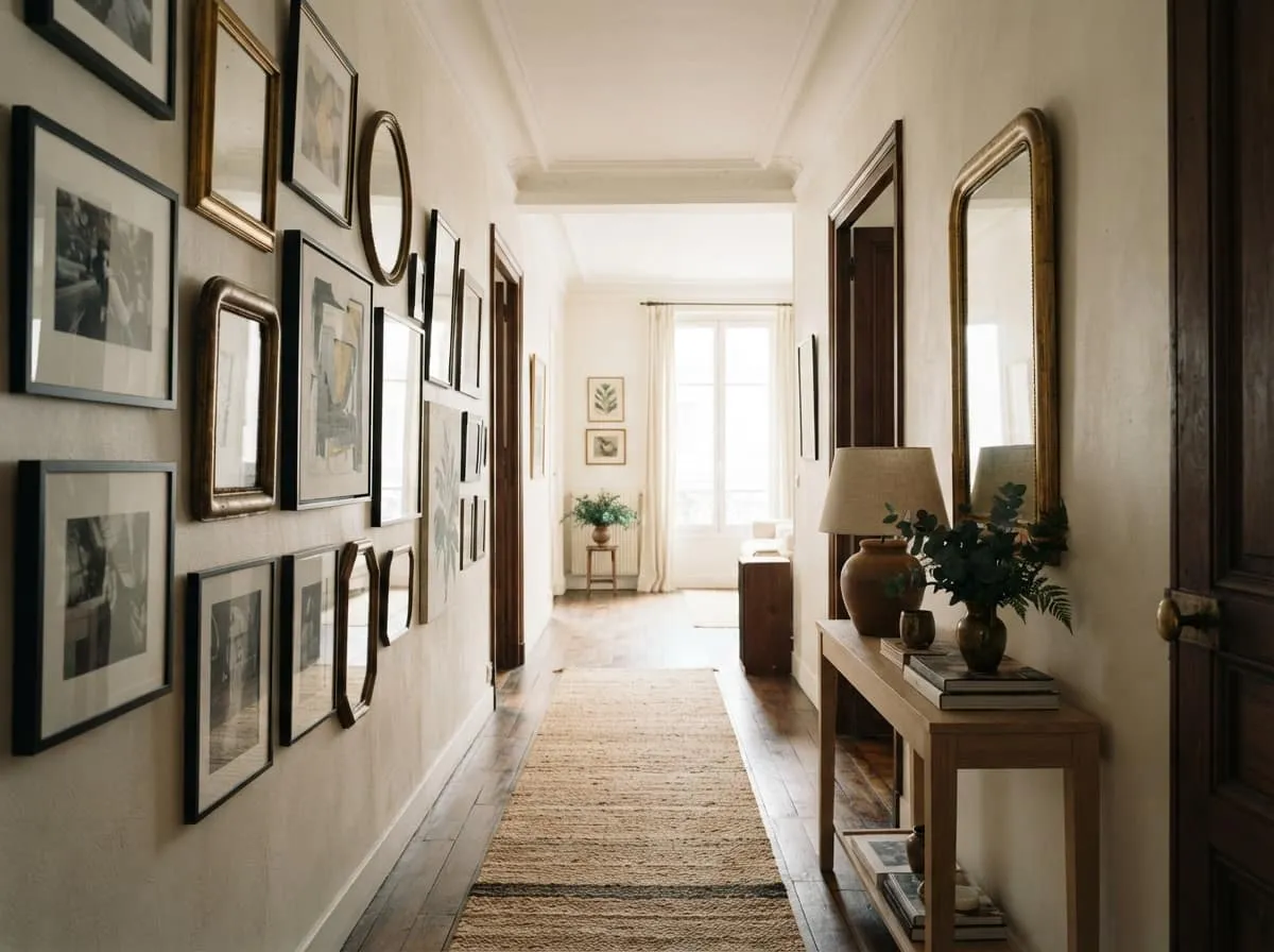 Décorer un long couloir sombre avec des cadres et miroirs : astuces pour un espace lumineux et accueillant