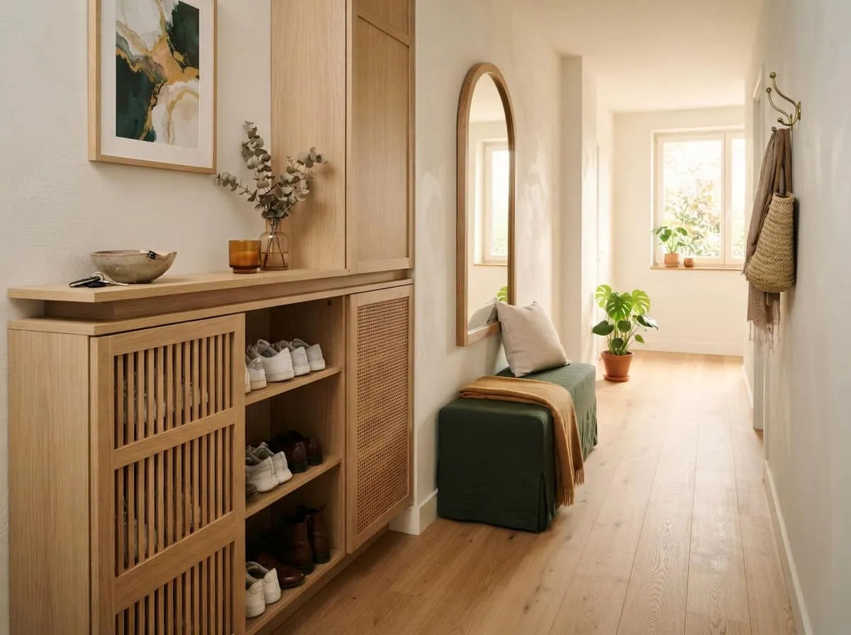 Aménager une entrée étroite et longue avec des rangements pour chaussures pratiques