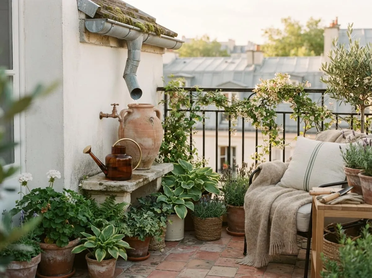 Récupérer l'eau de pluie sur un balcon pour arroser facilement vos plantes