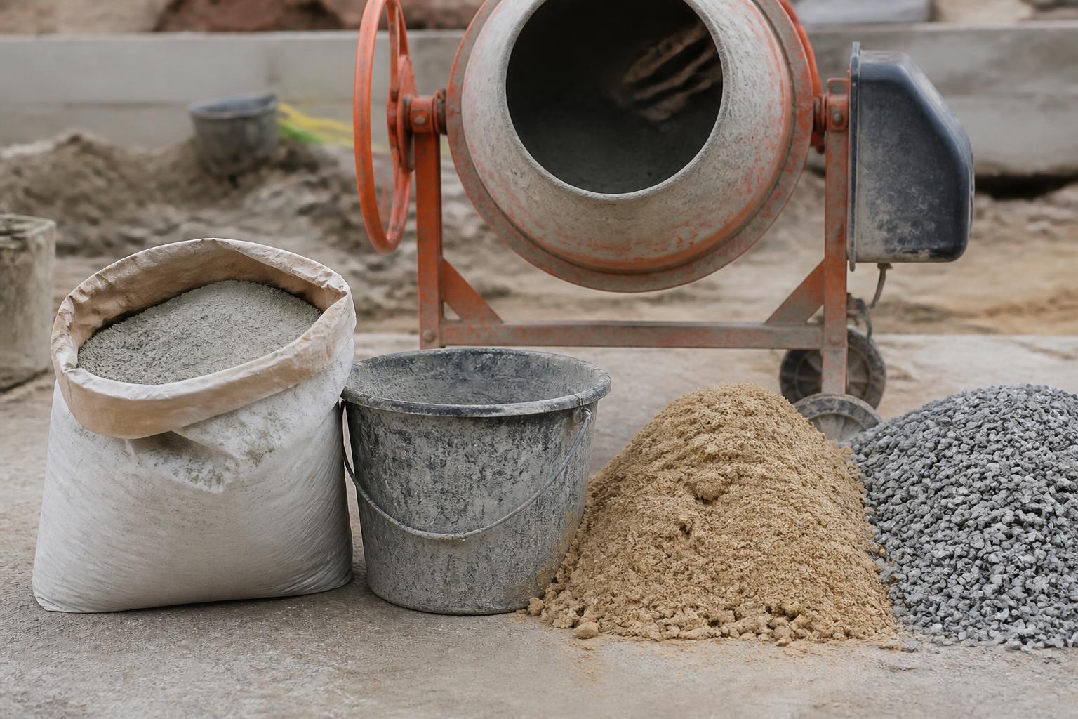 Sac de ciment ouvert, seau de maçon et tas de sable et de gravier côte à côte devant une bétonnière