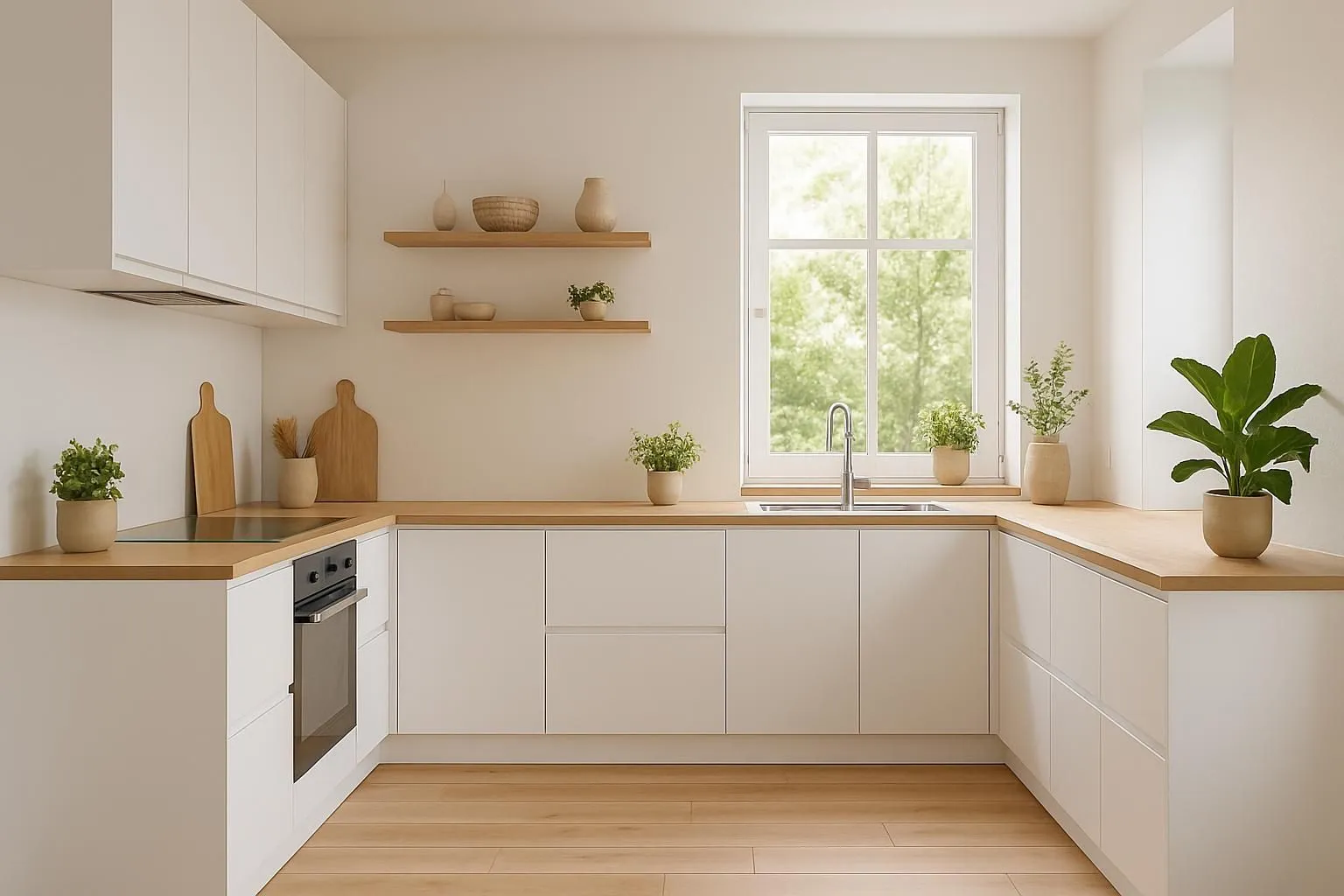Cuisine blanche et plan de travail en bois