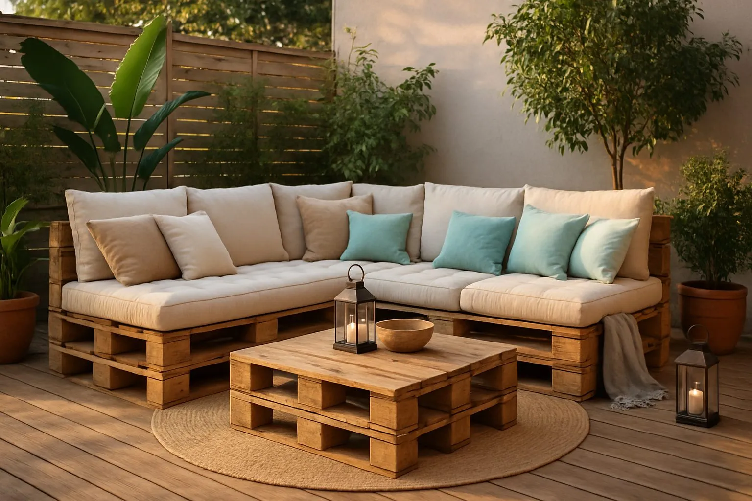Salon de jardin palette avec coussins